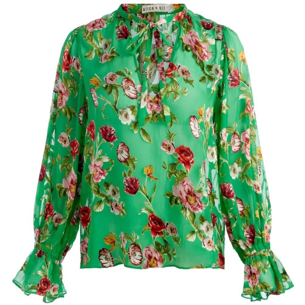 Alice + Olivia Moranne Tie-Neck Blouse Green Floral Silk Size Medium